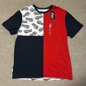 Tommy Hilfiger Denim T-Shirt XL Red Navy White Logo Patchwork Colorblock Tags - Picture 1 of 9