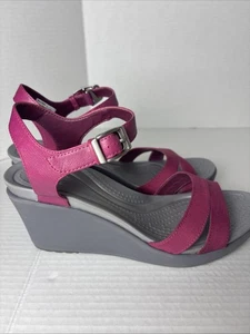 Crocs Womens 9 Leigh Sandals Shoes Berry Charcoal Wedge Heel Ankle Strap Comfort - Picture 1 of 8