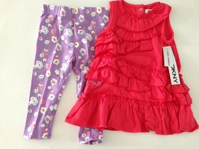 DKNY NWT Girls 2PC Tunic Tee Top Ruffle Legging Pant Watermelon 12 12m  - Image 1 of 2