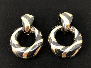 Vintage CINER Heavy Large Black And Gold Zebra Door Knocker Clip On Earrings - Picture 1 of 15
