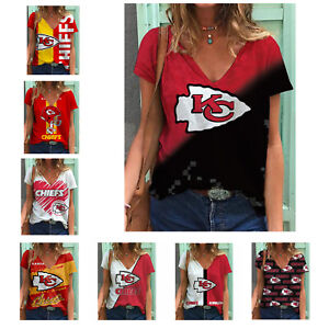 Kansas City Chiefs Womens Summer V Neck T-shirt Casual Loose Short Sleeve Tops