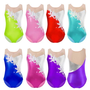 UK Girls Gymnastic Ballet Dance Leotard Unitard Mesh Splice Embroidery Jumpsuit - Picture 1 of 94