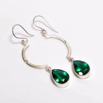 Emerald Gemstone Dorp Earring 952 Sterling Silver Handmade Women's Jewelry #731 - Image 1 of 2