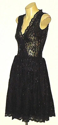 PATRICIA FIELD,NY SilverLinedBlkLaceVneckFlaredSizeUS4 - image 1 of 4