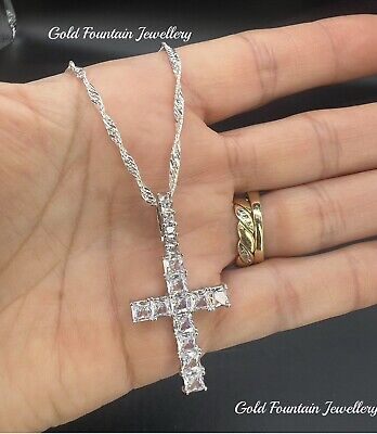 Genuine Sterling Silver 20” Wave Chain Necklace  Crystal Crucifix Cross Ref:-266