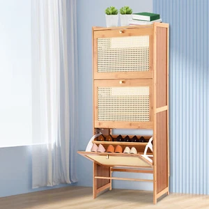 Rattan Shoe Cabinet with 3Flip Drawers Entryway Hallway Shoe Storage Organizer - Picture 1 of 12