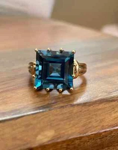 2Ct Asscher Lab Created London Blue Topaz Cocktail Ring 14K Yellow Gold Plated - Picture 1 of 11