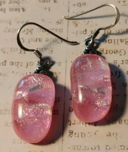 STERLINGSILBER Künstler signiert (W.S.) Rosa irisierende dichroitische Glas Ohrringe! - Bild 1 von 9