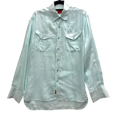 Report Collection Linen Men's Shirt, Size Medium, Pale Turquoise Aqua Casual - Image 1 of 4