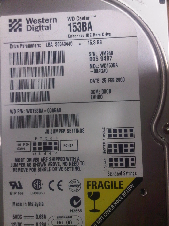 Western Digital WD WD153BA-00AGA0 IDE HARD DISK DRIVE DCM: RSBH EVHH0 - Image 1 of 1