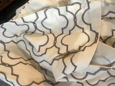 2 New West Elm 48W x 84L Beige with Grey Embroidery Curtains. DISCONTINUED - Image 1 of 3