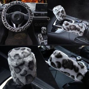 3Pcs Grauer Leopard Fluff Plüsch Lenkrad Abdeckung Winter Auto Zube LX - Picture 1 of 8