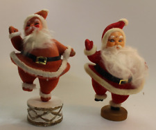 2 Vintage Flocked Dancing Santa Claus Figures on Base Christmas Decor Lot