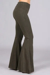 Chatoyant Mineral Wash Seam Detail Bell Bottoms Dark Moss Small - Picture 1 of 4