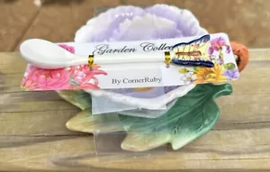 Garden Collection Corner Ruby Purple Flower Tea Cup Leaf Saucer Butterfly Spoon - Picture 1 of 6