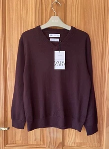 Zara Kids Boys Burgundy Extra Fine Wool V Neck Jumper Sweater Knitted 9 Years - Picture 1 of 5