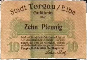 1920 Deutschland TORGAU 10 Phennig Notgeld / Banknote - Bild 1 von 2