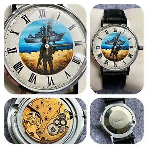 RARE‼️Vintage Unique Watch LUCH Slim 🇺🇦 “Russian warship Go …” PAINTING DIAL‼️