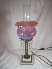 VINTAGE FENTON ART GLASS CRANBERRY OPALESCENT HOBNAIL LAMP WITH PRISMS