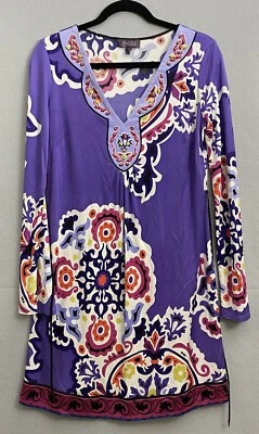 Vestido Hale Bob Seda Mediano Multicolor Floral Manga Larga Adornado Cuello en V Foto 1 de 4