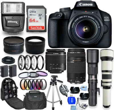 Canon EOS 4000D / Rebel T100 18-55mm + 75-300mm + 500mm + 650-1300mm 64GB Bundle - Image 1 of 4