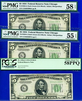 3 consecutive 1934 $5 FRN Chicago non-mule PMG 58EPQ rare 15 known Fr 1956-G - Image 1 of 4