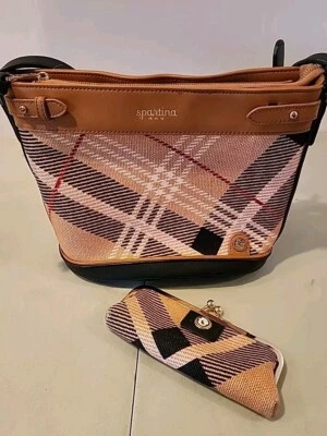 Spartina 449 Daufuskie Pink Nova Plaid Check Black Leather Purse & Makeup Bag - Image 1 of 4