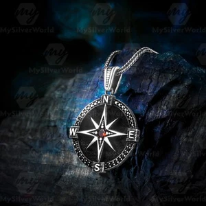 925 Sterling Silver Micro-Stone Sailor's Compass Design Men's Necklace - Picture 1 of 4