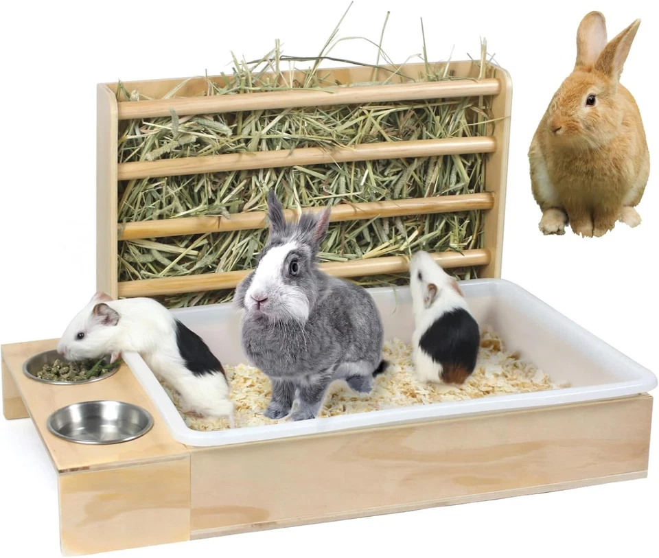 3 in 1 Rabbit Litter Box with Hay Feeder，Wooden Rabbit Hay Feeder，Rabbit Feed... - Image 1 of 2