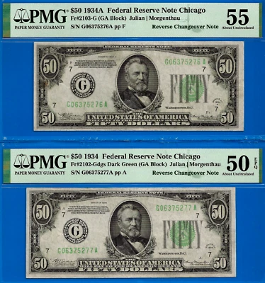 1934/1934A $50 FRN Chicago - PMG 50EPQ - Reverse Changeover Fr 2103-G Fr 2102-G - Image 1 of 2