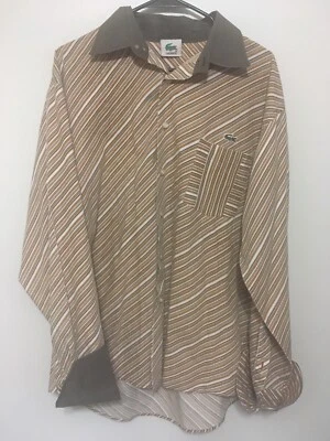 Lacoste Vintage Men’s Large Orange/Brown Striped L/S Button Down Shirt - Image 1 of 4