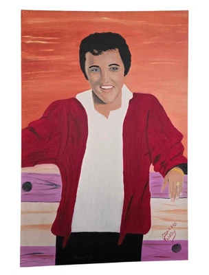 Elvis Presley Hand-Painted Oil on Canvas Signed Painting Folk Art Large 36x24 - Image 1 of 4
