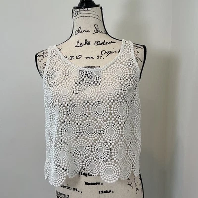 Camiseta sin mangas Vera & Lucy Crochet pequeña/mediana blanca boho festival capas París Foto 1 de 4