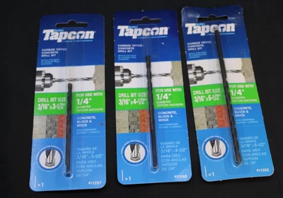 Broca de hormigón con punta de carburo Tapcon 3/16" X 3-1/2', 4-1/2', 5-1/2" 3 piezas Foto 1 de 4