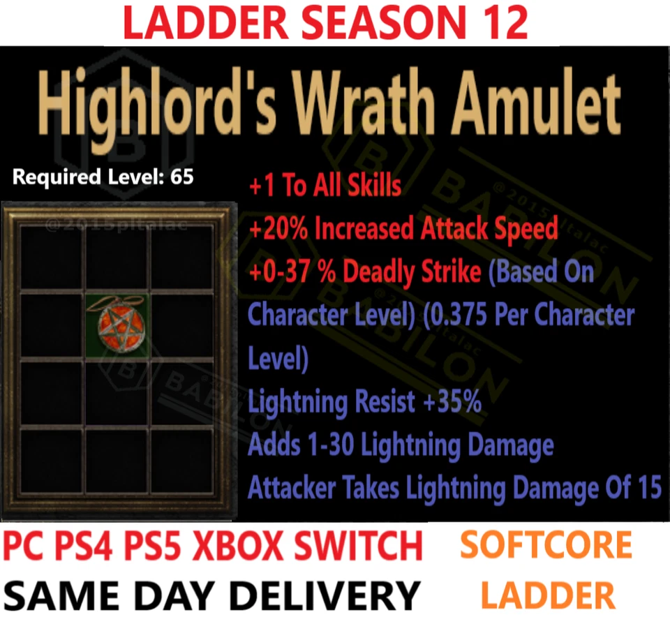 ✅PC PS4 PS5 XBOX SWITCH✅ESCALERA Highlord's Amu 1sk Diablo 2 Resurrected Items D2R Foto 1 de 1