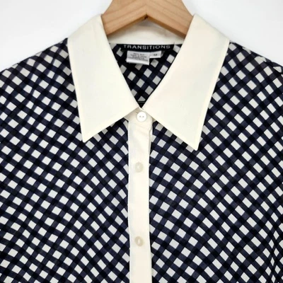 VTG Transitions French Cuff Top Size 10 Black Ivory 100% Silk Plaid Sheer Retro - Image 1 of 4