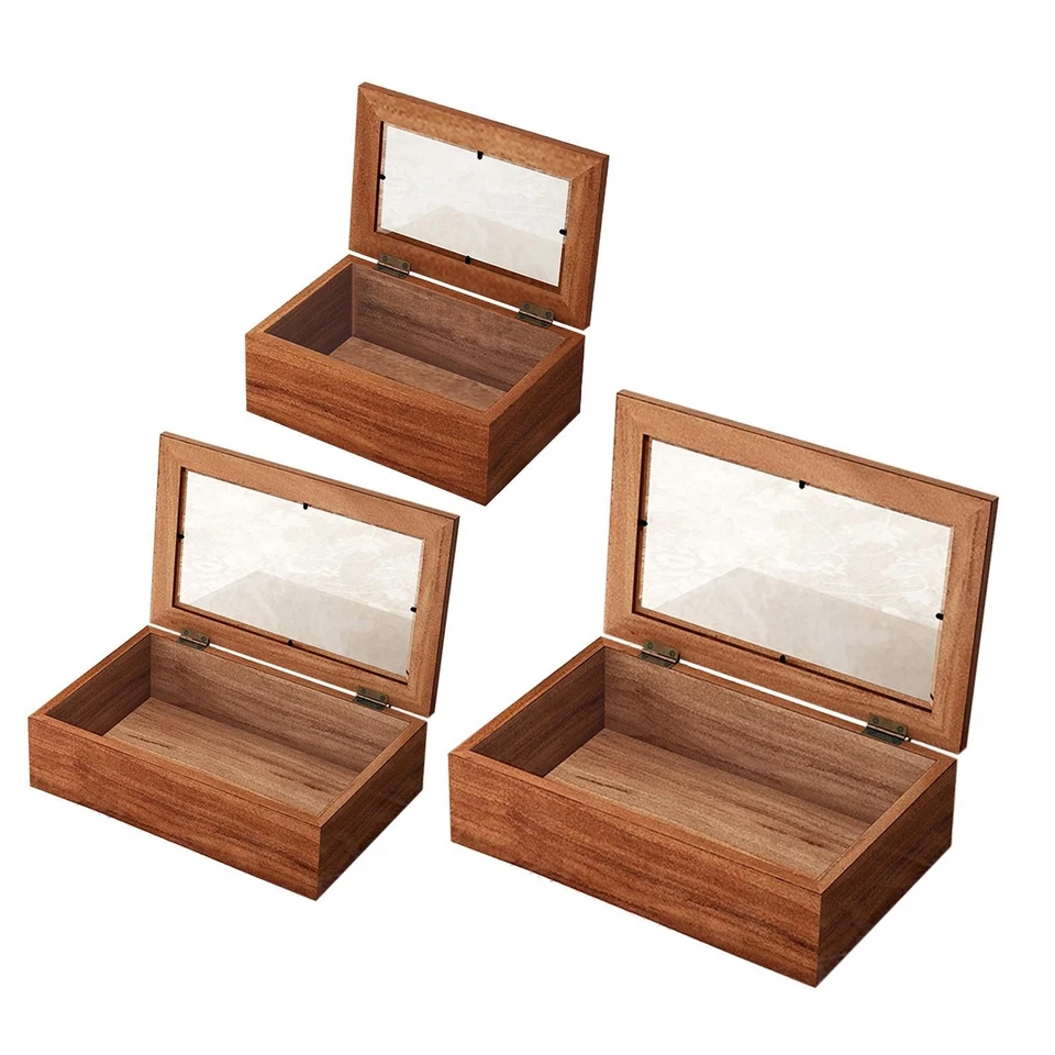 Wood Storage Box with Glass Top Lid Jewelry Organizer Box Rustic Portable Wooden - Image 1 of 1