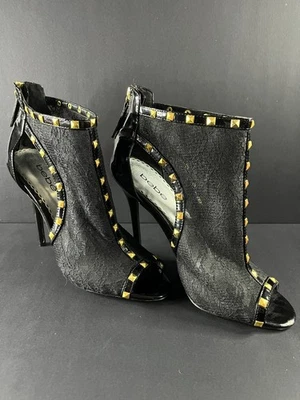 Botines de aguja Bebe negros de encaje dorado con tachuelas raros años 2000 glam rock diseñador Hee Foto 1 de 4