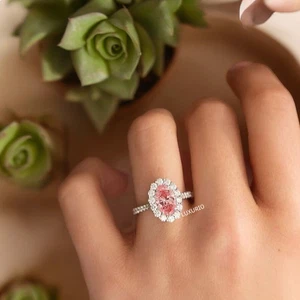 Oval Cut Diamond Ring 14k White Gold Lab Grown IGI 2.20 Ct Fancy Intense Pink - Picture 1 of 9