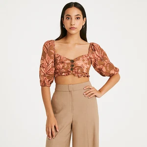 Significant Other Top AUS 10 US6 Brown Eva Palm Print Linen Ruffle Puff Sleeve - Picture 1 of 9