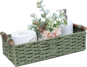 Round Paper Rope Storage Basket Wicker Baskets for Organizing with Handle, Green - Picture 1 of 11