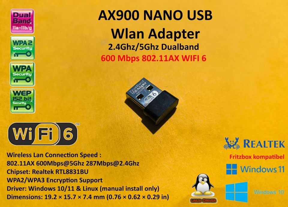 AX900 Wlan NANO USB WIFI 6 Wlan 802.11AX 2.4/5Ghz RTL8831BU Linux Dualband - Bild 1 von 1
