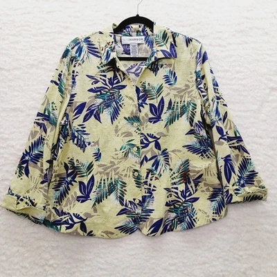 Blusa Talla 16 Amarilla Azul Marino 100% Seda Hoja Cuentas Tropical Tranquila Opulencia Boho Lujo Foto 1 de 4