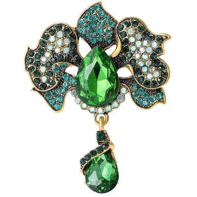 Broche flor orquídea vidrio verde dorado vintage estrás prendedor naturaleza joyería regalo Foto 1 de 4