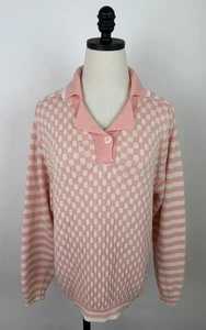 Vintage 80s Sweater Womens Large Pastel Pink Checkered Knit Striped Polo Collar - Picture 1 of 13