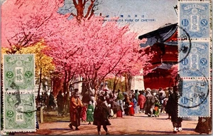 JAPAN 20er JAHRE POSTKARTE DER ASAKUSA PARK KIRSCHBLÜTE TOKYO MEHRFACHFRANKATUR NACH USA - Bild 1 von 2