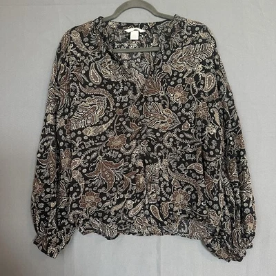 Blusa H&M Mujer 6 Negra Cachemira Floral Manga Larga Cuello Dividido Boho Campesina Foto 1 de 4