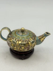 Cloisonné teiera in miniatura in ottone e smalto su supporto in legno - Foto 1 di 14