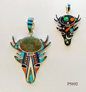2 IN 1 GALAXY MULTICOLOR TURQUOISE ONYX OPAL INLAY 925 SILVER DEER PENDANT - Picture 1 of 4