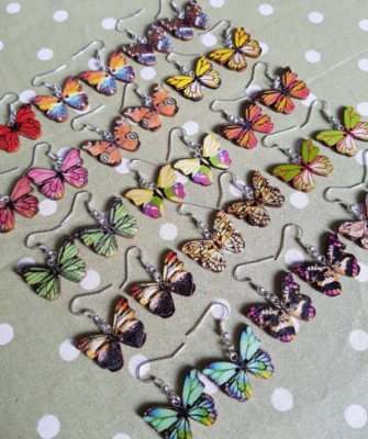Wooden Butterfly Dangle Earrings. Hypoallergenic, Nickel Free, Clip On - Image 1 of 4